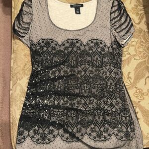 White House Black Market Elegant Black and Gray Lace Top